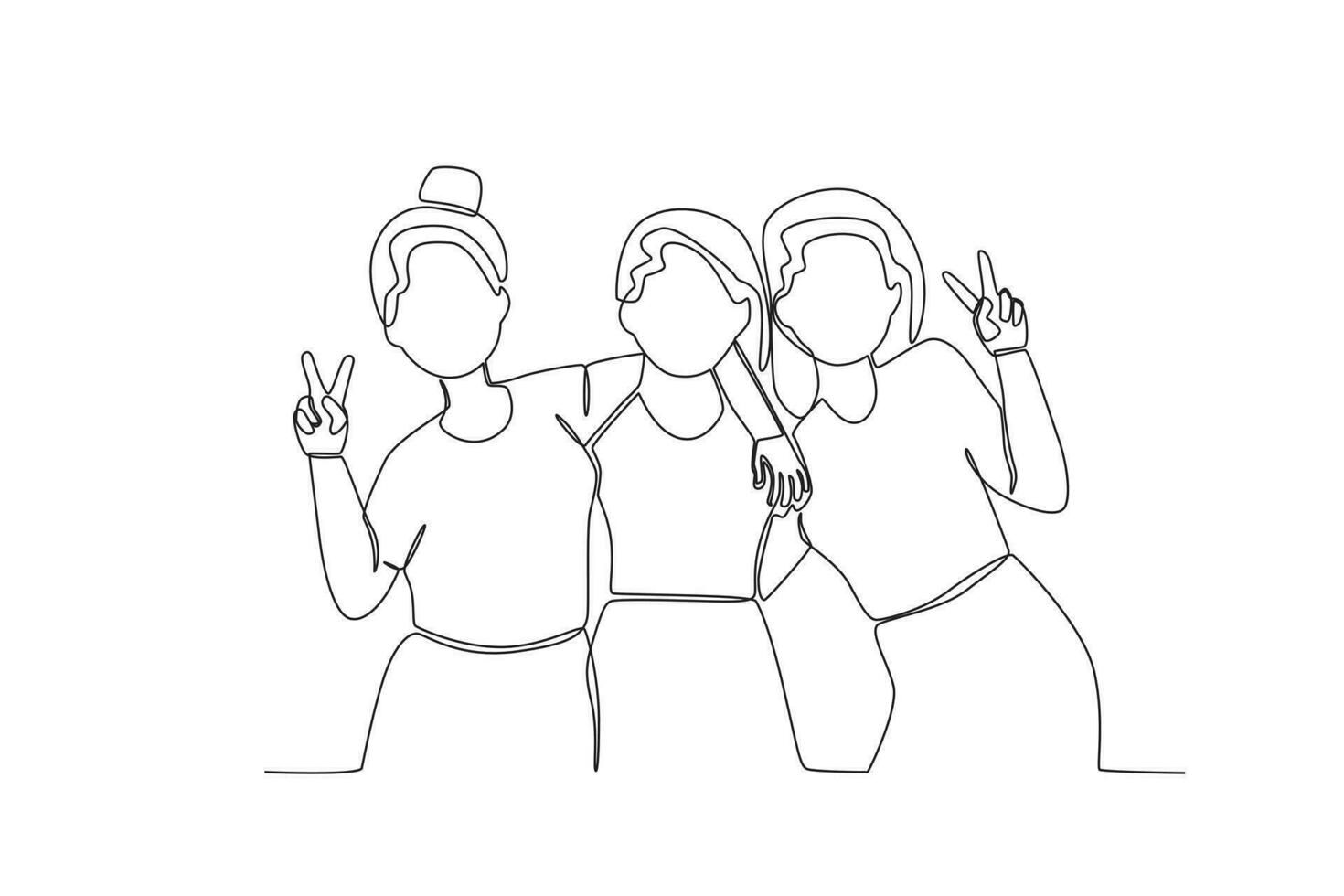 Single continuous line drawing of three girlfriends are capturing the moment vector