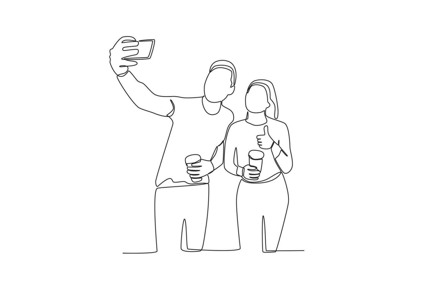 Single continuous line drawing of two friends taking selfie vector