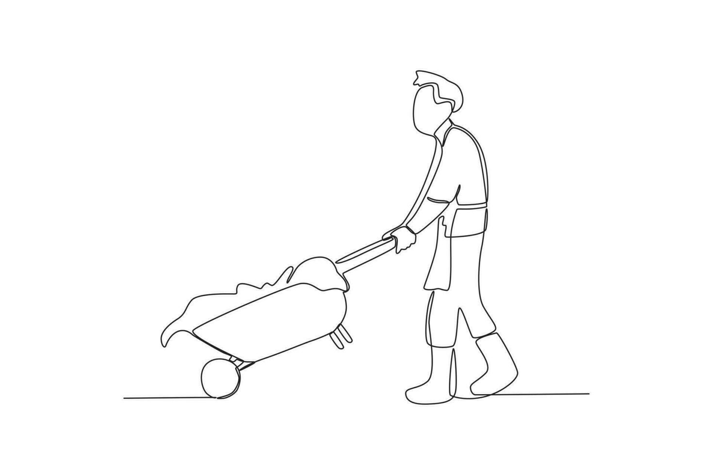 Continuous one line drawing a male farmers carrying crops using a cart vector