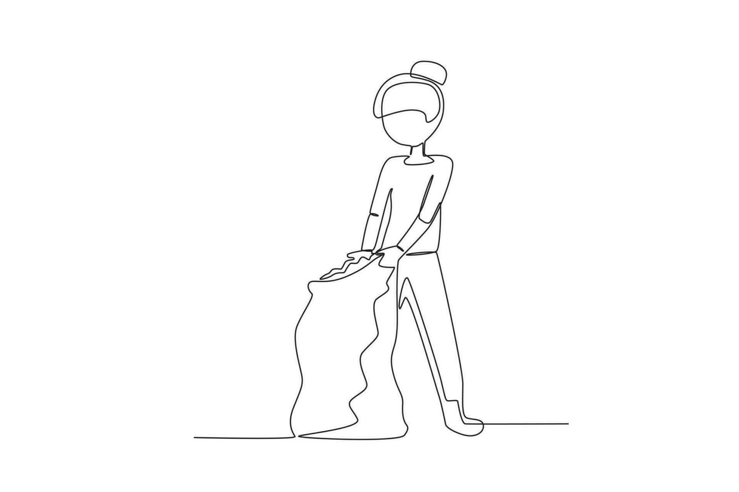 Continuous one line drawing a female farmers are putting their crops into sacks vector