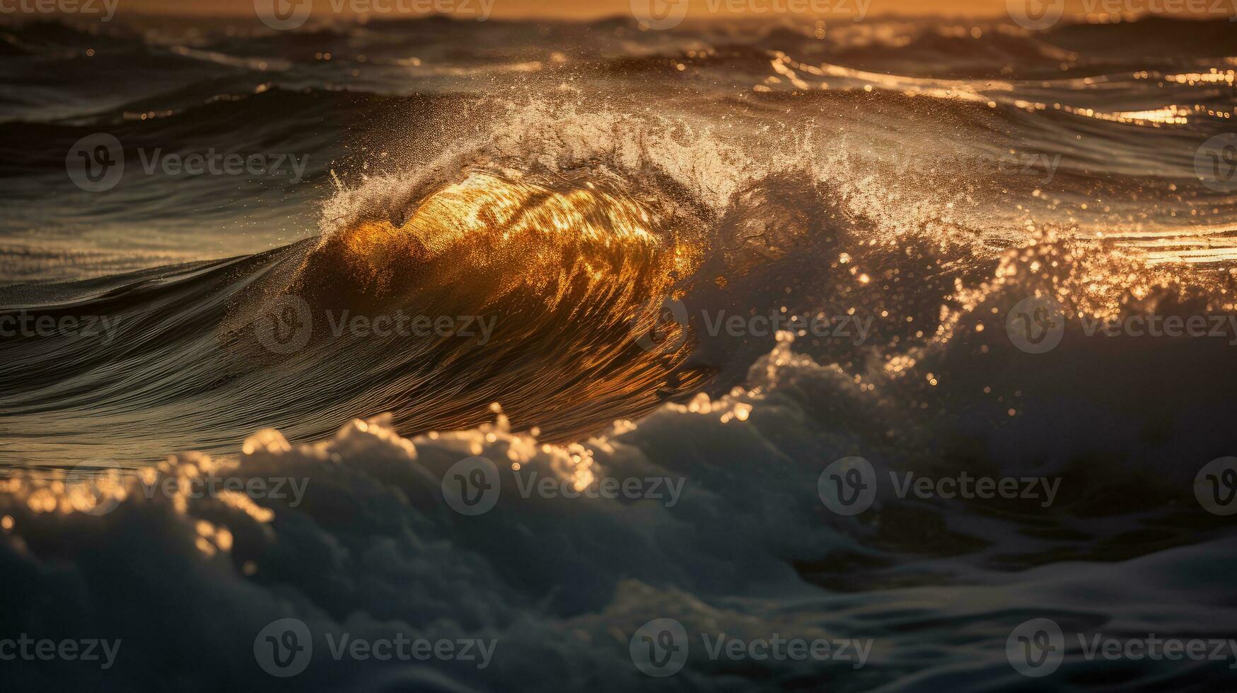 Golden sea wave in the sunset sunlight. Generative AI photo