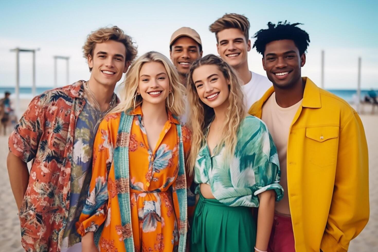 a group of young fashion models in modern outfits photo