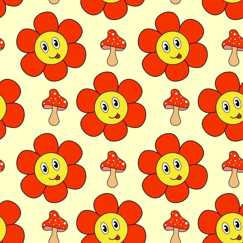 Retro 70s 60s 80s Hippie Groovy mushrooms fly agarics and flower seamless pattern. Flower power. Vector illustration.