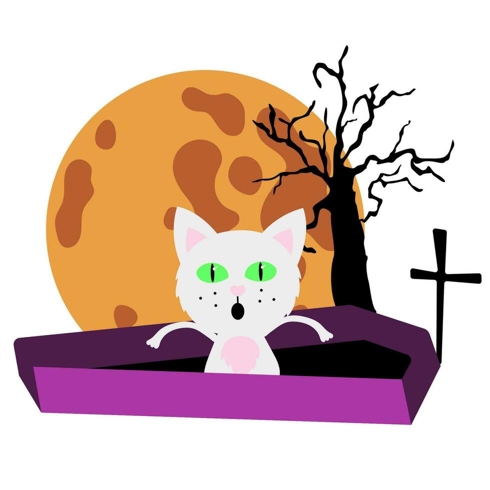 resurrected cat crawling out of the grave on the full moon. Halloween vector