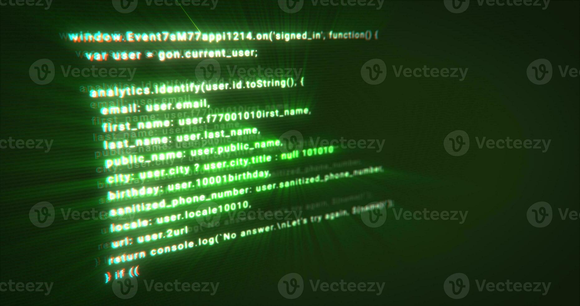 Typing a digital code by a programmer in a programming language, luminous letters and numbers. Making computer programs green background photo