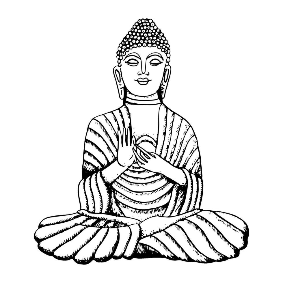 Vector Buddha stone statue hand drawn line art illustration. Meditation element for yoga and Buddhism black and white designs