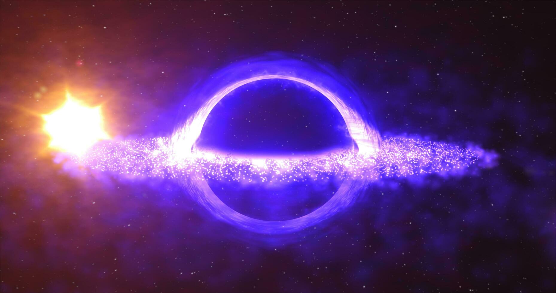 Bright black hole in open space with spinning energy particles, cosmic sphere in blue and purple color glowing abstract background photo