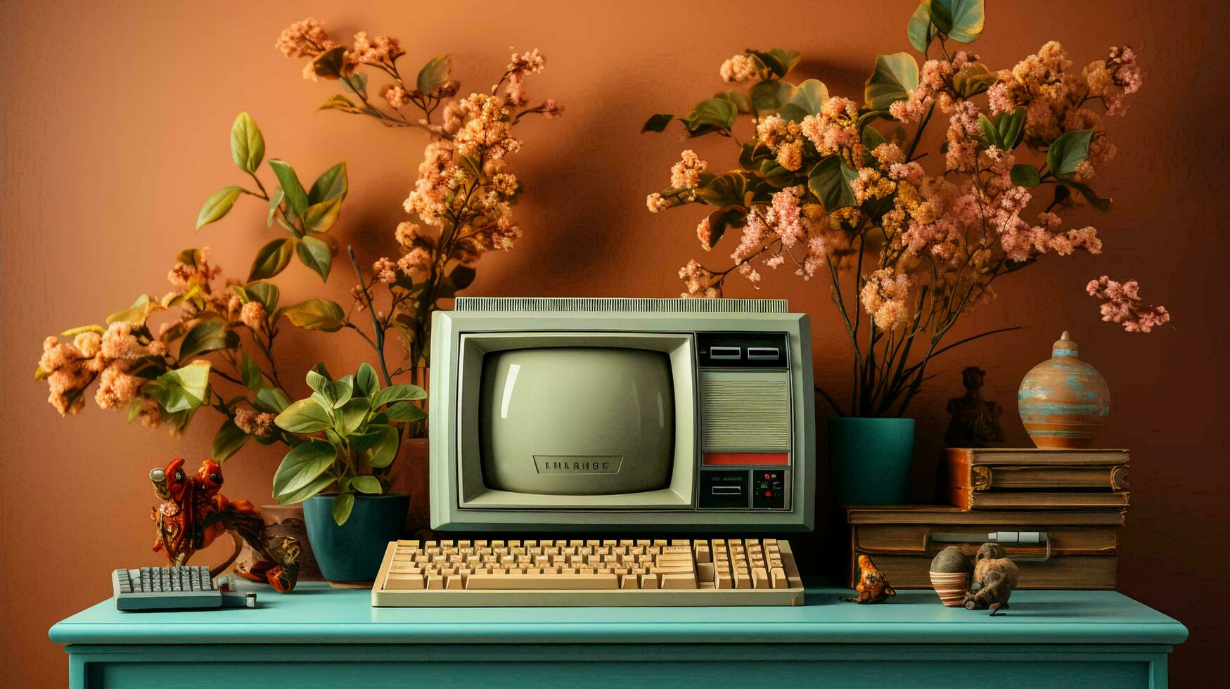 Old stylish vintage retro personal computer for video games and work poster from the 80s 90s photo