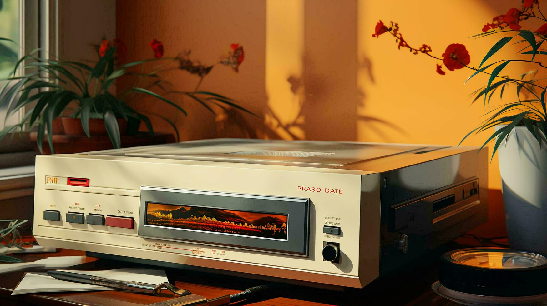 Old stylish vintage retro cassette video recorder poster from 80s 90s photo