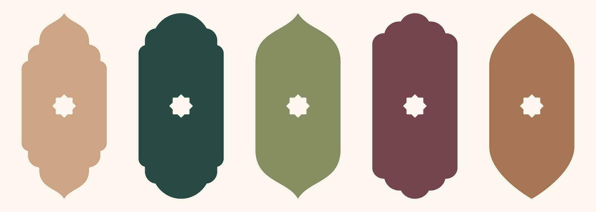 Shape Islamic door and window silhouette Arabic arch with symbols . Collection of patterns in oriental style. Frames in Arabic Muslim design for Ramadan Kareem. Vector mosque gate isolated on white.