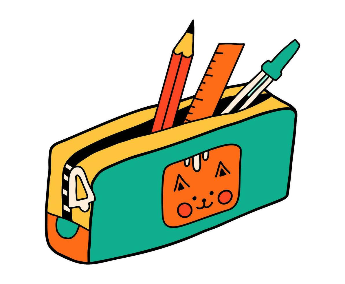 School pencil case cartoon in doodle retro style. Back to school stationery element bold bright. Classic supplies for children education or office work. Fun vector illustration isolated on white.