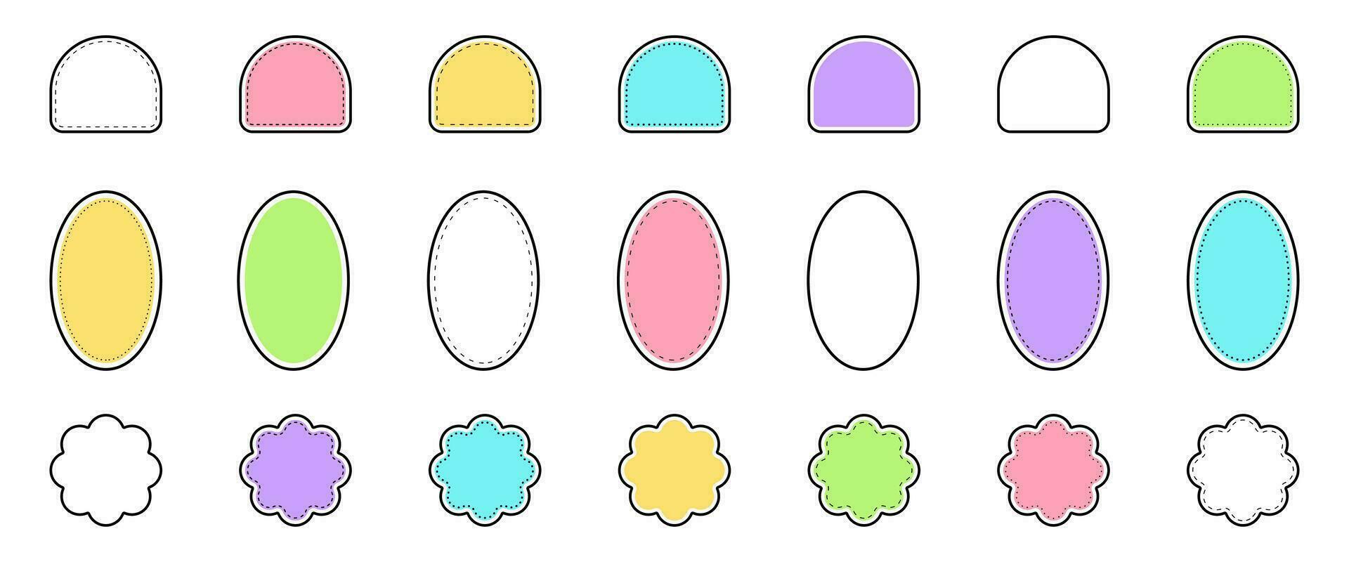 Stitch sticker design set. Abstract graphic patch. Modern element label badge for colorful packaging. Geometric form and frame different shapes. Vector illustration