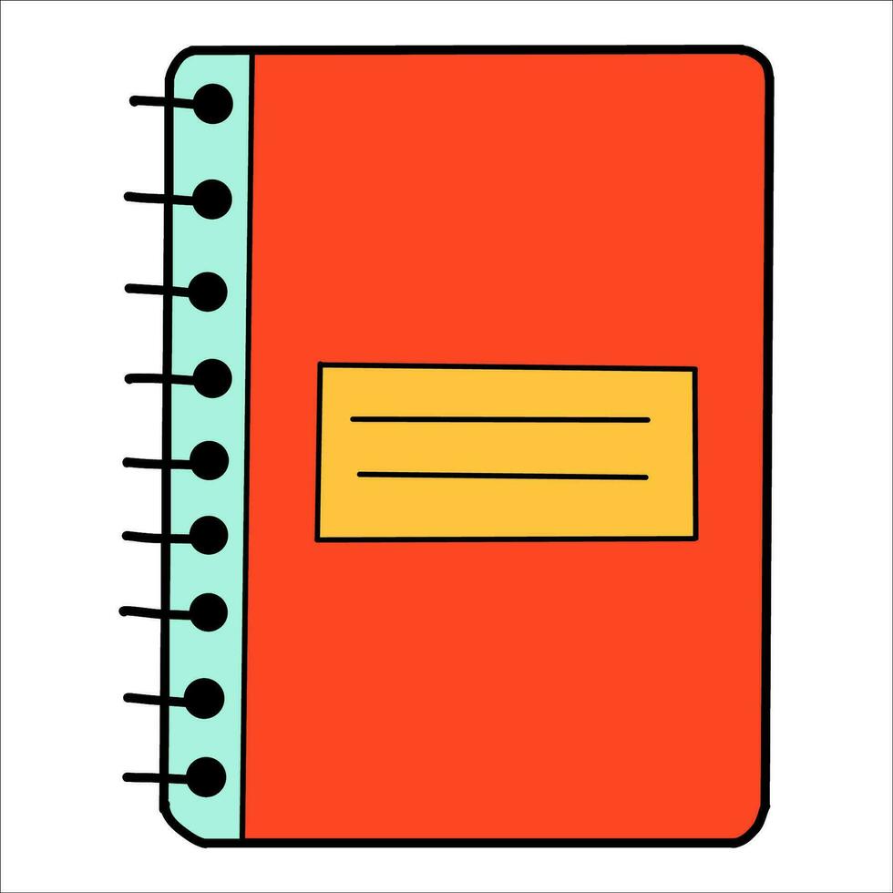 School copybook cartoon in doodle retro style. Back to school stationery element notebook bold bright. Classic supplies for children education or office work. Fun vector illustration isolated.