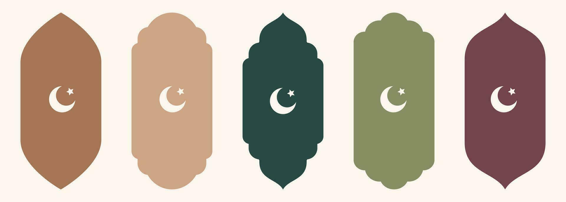 Shape Islamic window Hilal symbol silhouette Arabic arch. Collection of patterns in oriental style. Frames in Arabic Muslim design for Ramadan Kareem. Vector mosque gate shape isolated on white