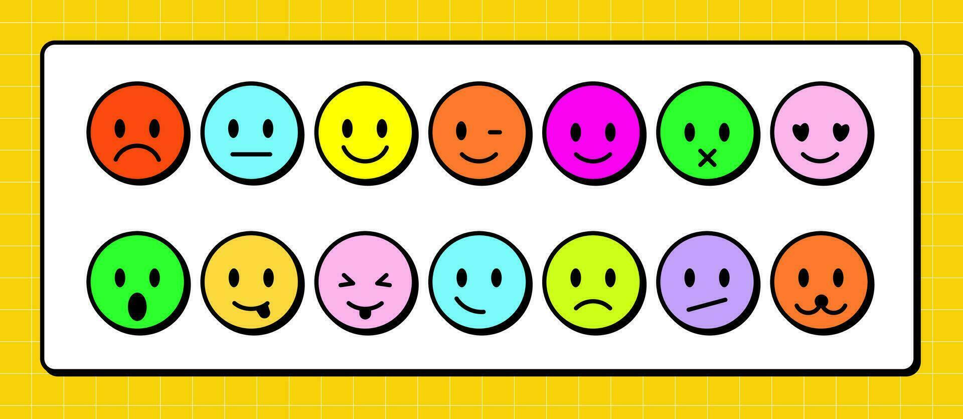 Neubrutalism emoticon smile icon set. Cartoon neobrutalism emoji - sad, smile, love, scary, etc. Bold aesthetic pack in trendy bright style - contrast stroke and shadow. Isolated vector illustration.