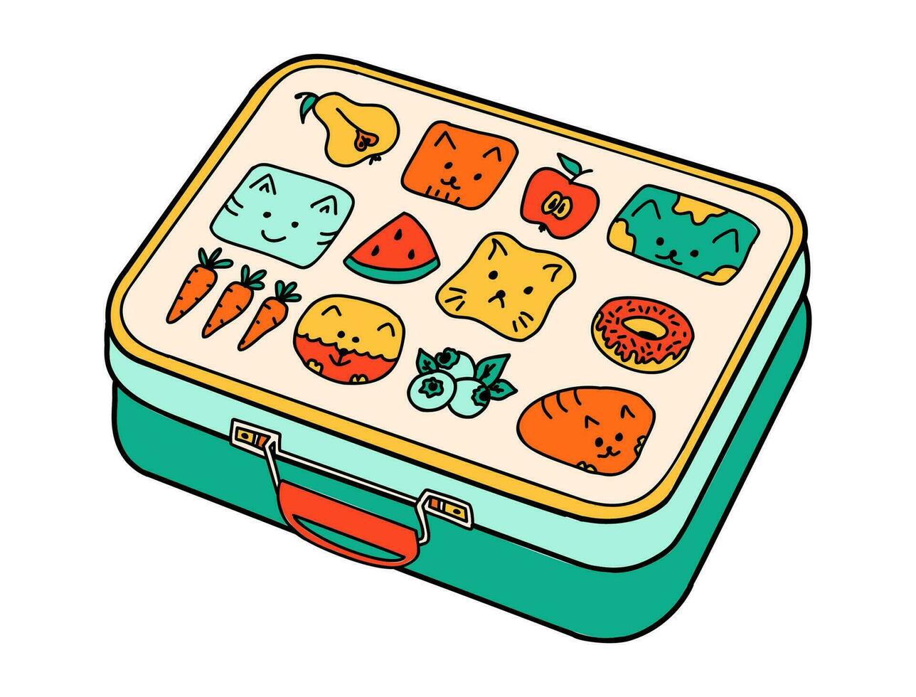 School lunch box cartoon in doodle retro style. Back to school stationery element bold bright. Classic supplies for children education or office work. Fun vector illustration isolated on white.