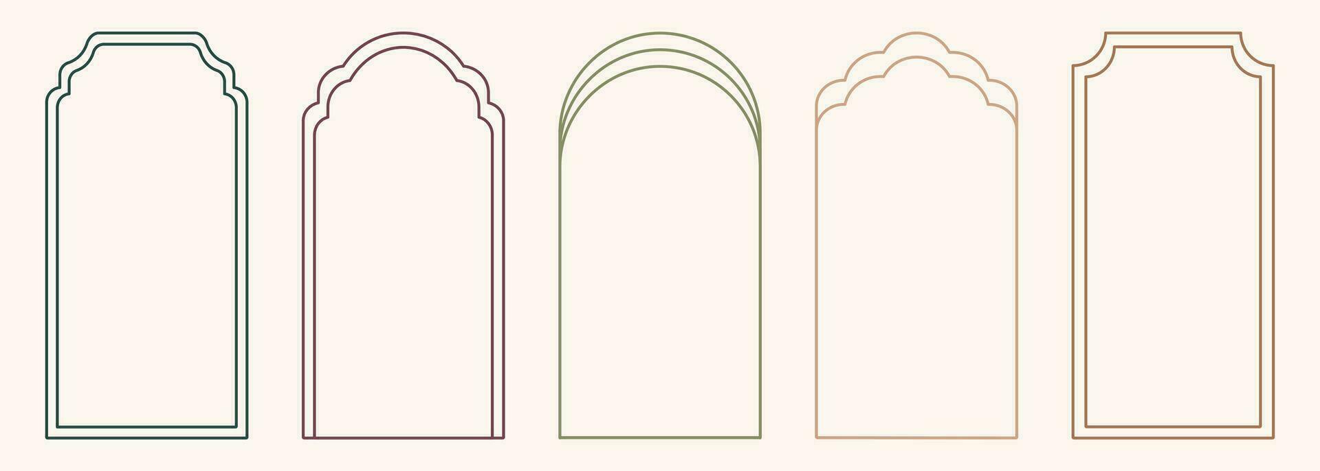 Modern minimalist aesthetic line arch frames in trendy boho style. Modern Y2K vector design outline geometric form for banner, social media, poster. Shape Islamic door silhouette Arabic border.