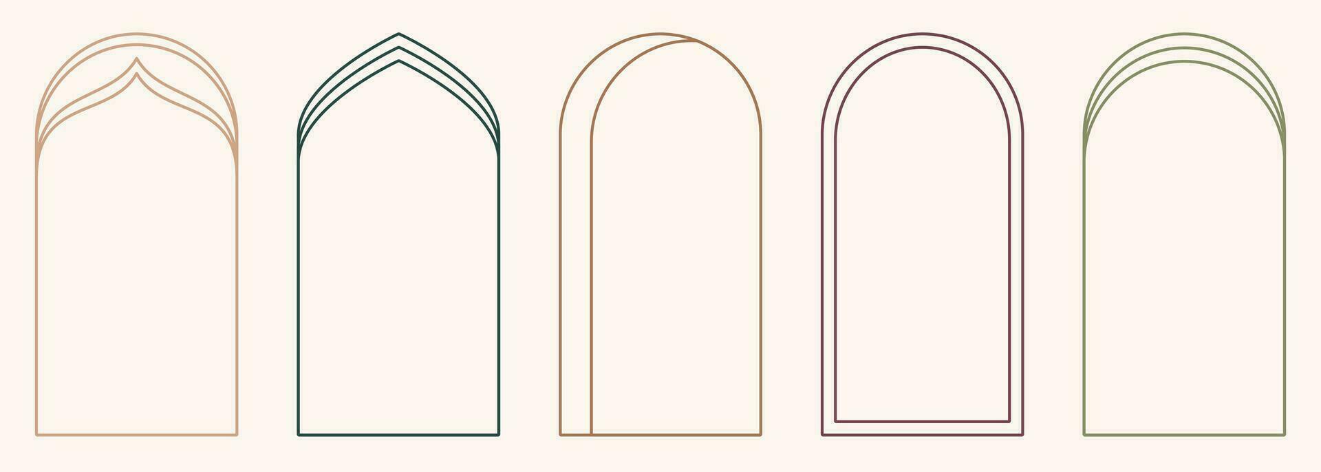 Modern minimalist aesthetic line arch frames in trendy boho style. Modern Y2K vector design outline geometric form for banner, social media, poster. Shape Islamic door silhouette Arabic border.