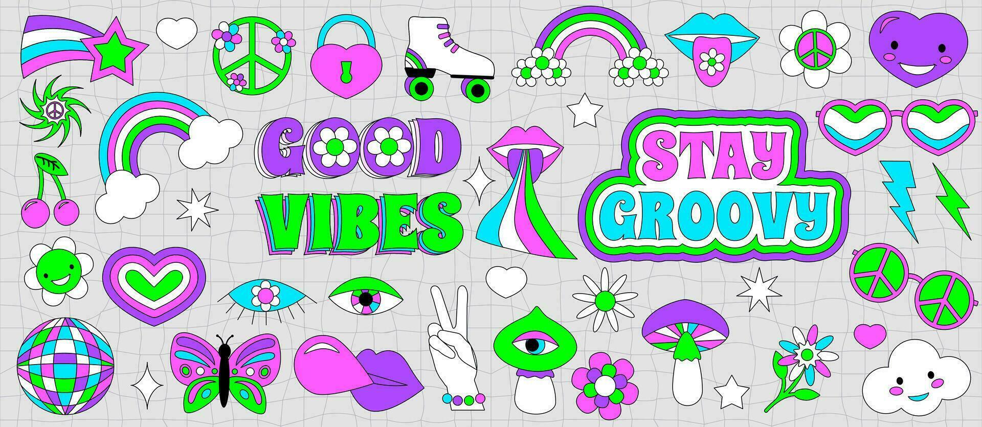 maravilloso hippie pegatina 70s colocar. gracioso dibujos animados brillante neón colores - flor, amar, arcoíris, paz, corazón, margarita, champiñón, ojo. psicodélico paquete en de moda retro estilo. aislado vector ilustración.