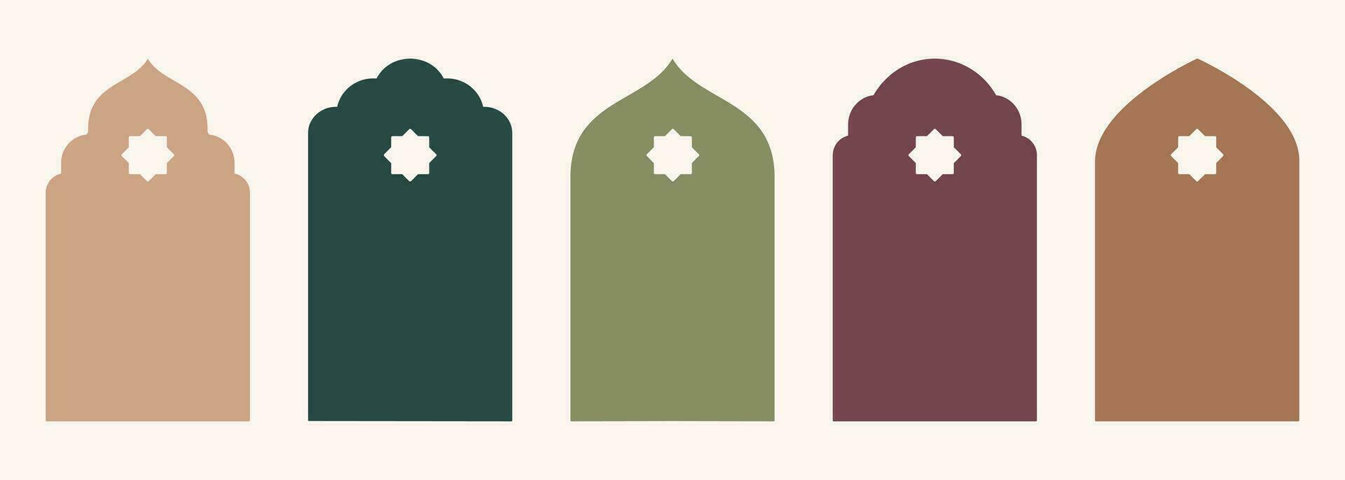 Shape Islamic door and window silhouette Arabic arch with symbols . Collection of patterns in oriental style. Frames in Arabic Muslim design for Ramadan Kareem. Vector mosque gate isolated on white.