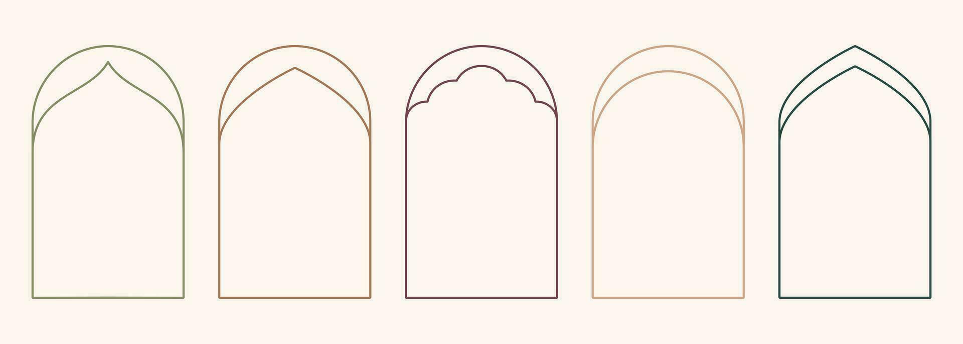 Modern minimalist aesthetic line arch frames in trendy boho style. Modern Y2K vector design outline geometric form for banner, social media, poster. Shape Islamic door silhouette Arabic border.