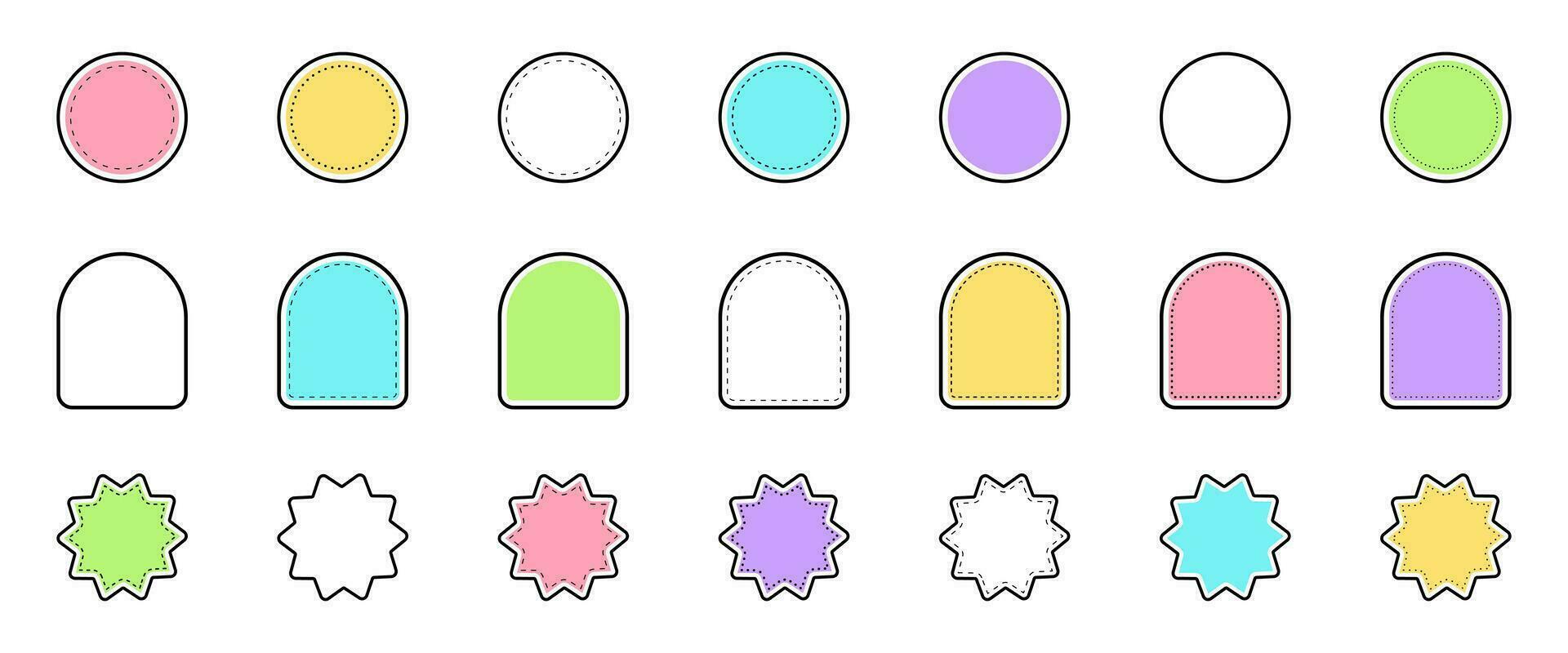 Stitch sticker design set. Abstract graphic patch. Modern element label badge for colorful packaging. Geometric form and frame different shapes. Vector illustration