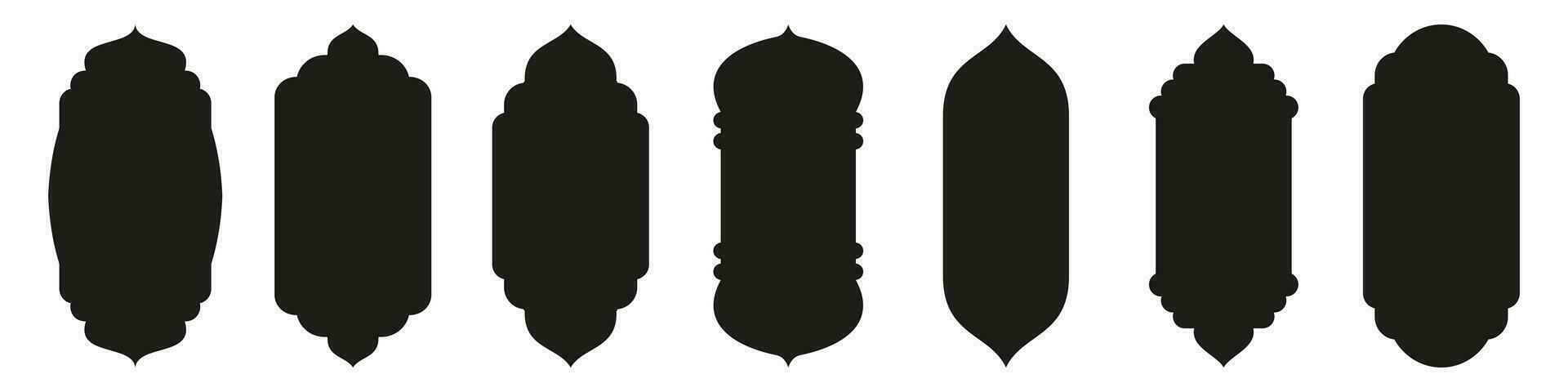 Shape Islamic door and window silhouette Arabic arch. Collection of patterns in oriental style. Frames in Arabic Muslim design for Ramadan Kareem. Vector mosque gate shape isolated on white