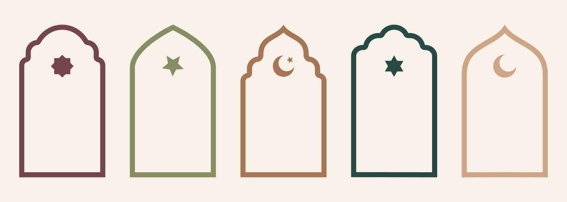 Shape Islamic door and window silhouette Arabic arch with symbols . Collection of patterns in oriental style. Frames in Arabic Muslim for Ramadan Kareem. Vector mosque gate stroke isolated on white.