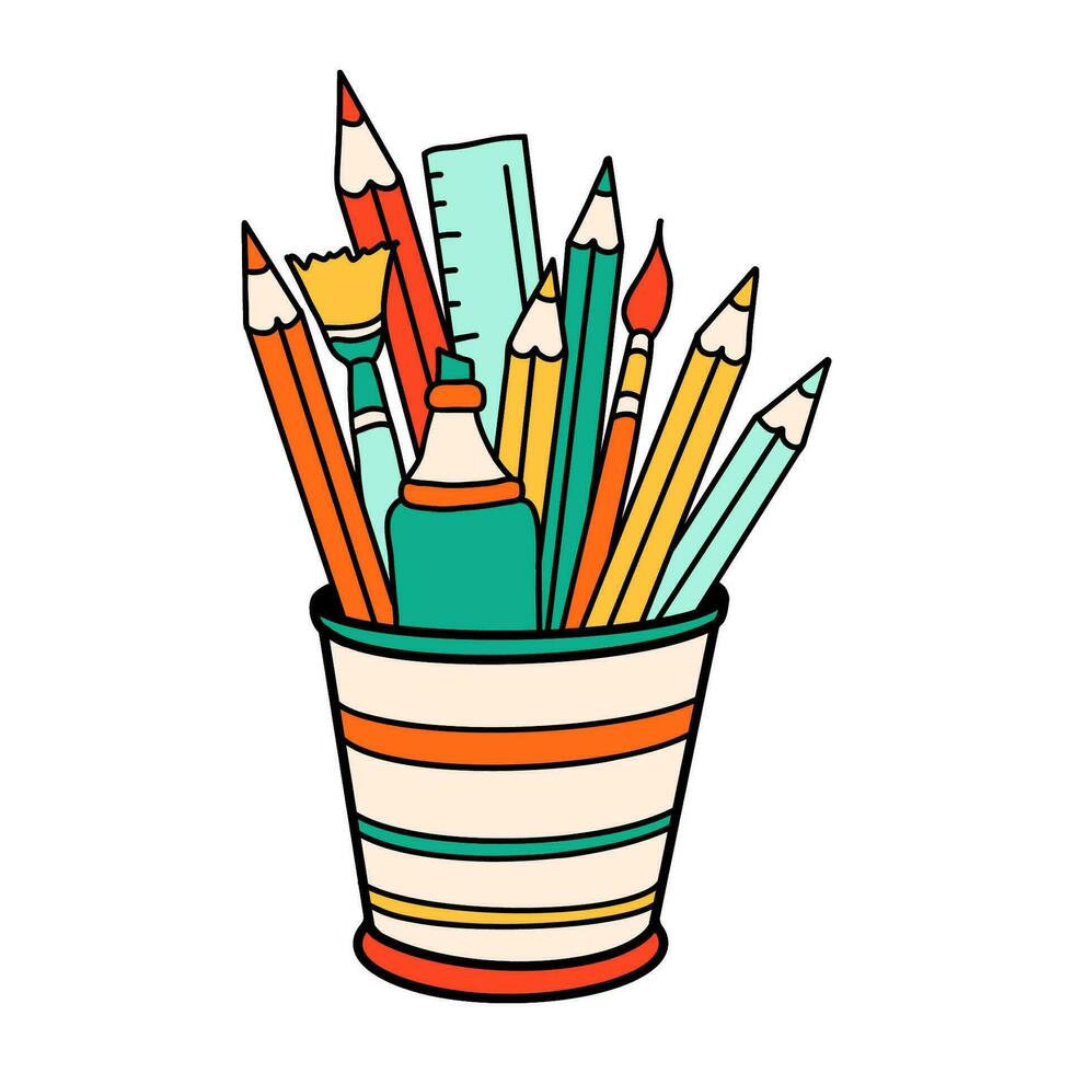 School supplies stationery glass cartoon in doodle retro style. Back to school element bold bright. Classic supplies for children education or office work. Fun vector illustration isolated on white.