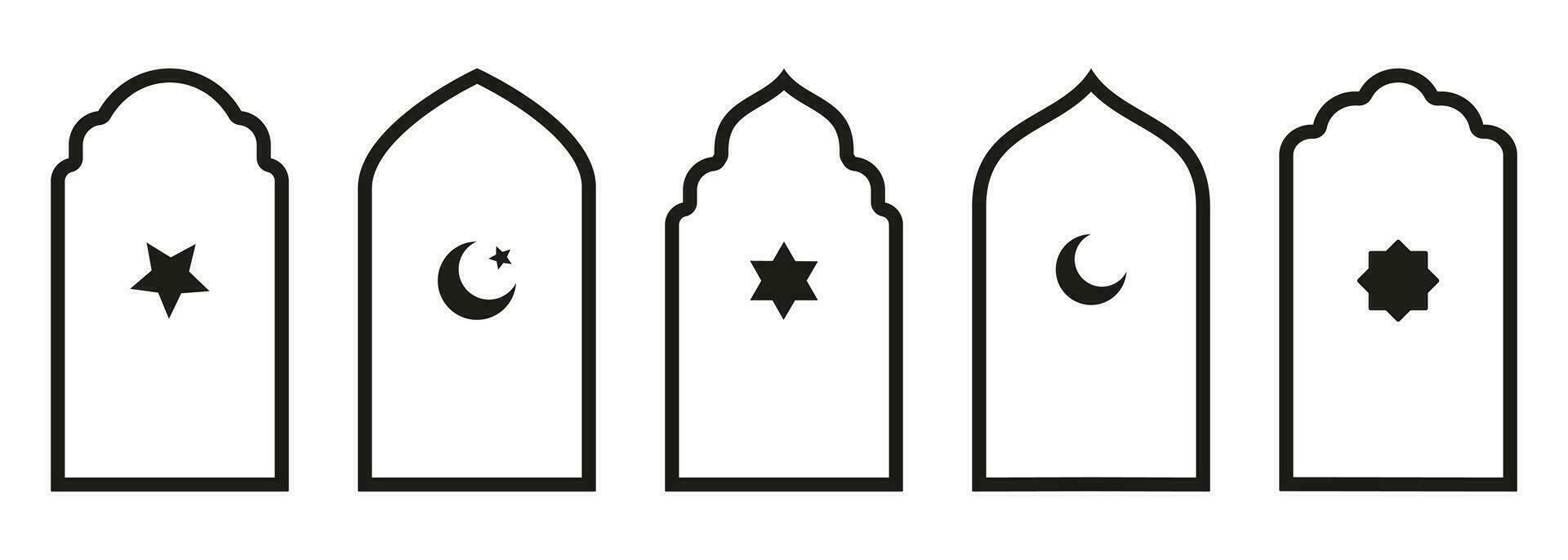 Shape Islamic door and window silhouette Arabic arch with symbols . Collection of patterns in oriental style. Frames in Arabic Muslim for Ramadan Kareem. Vector mosque gate stroke isolated on white.
