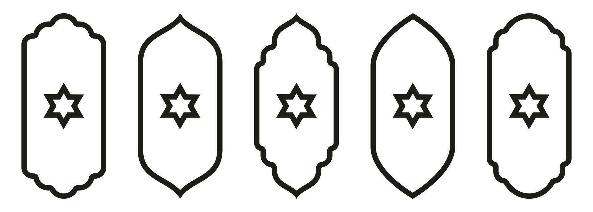 Shape Islamic door and window silhouette Arabic arch with symbols . Collection of patterns in oriental style. Frames in Arabic Muslim for Ramadan Kareem. Vector mosque gate stroke isolated on white.