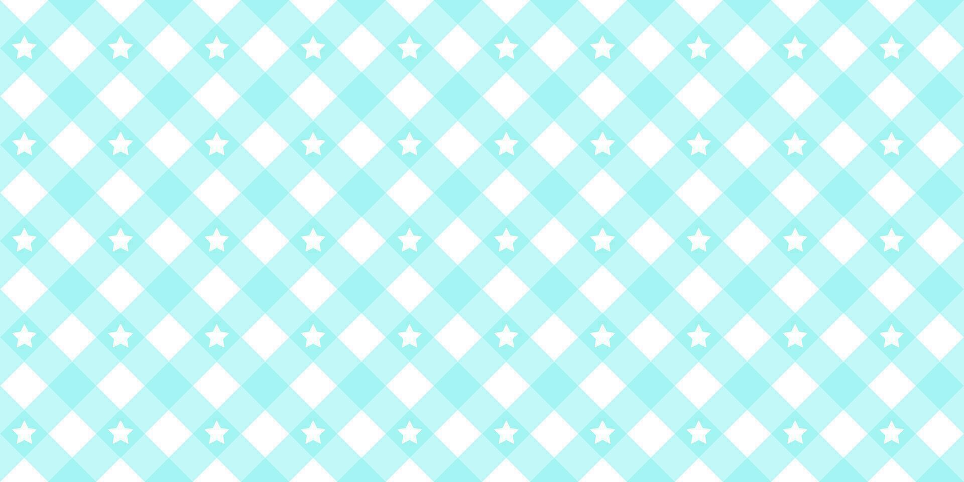 Gingham star diagonal seamless pattern in blue pastel color. Vichy plaid design for Easter holiday textile decorative. Vector checkered pattern for fabric - picnic blanket, tablecloth, dress, napkin.