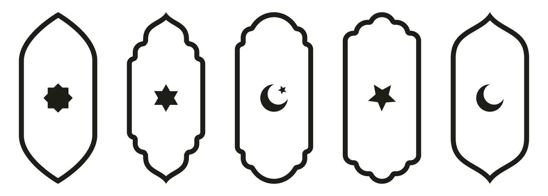 Shape Islamic door and window silhouette Arabic arch with symbols . Collection of patterns in oriental style. Frames in Arabic Muslim for Ramadan Kareem. Vector mosque gate stroke isolated on white.