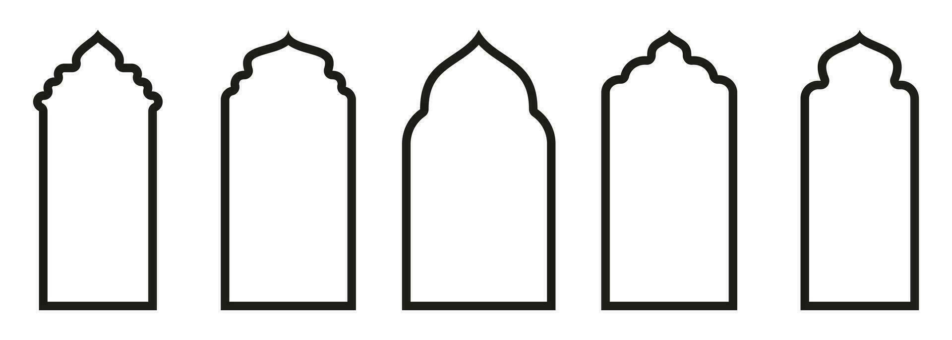 Shape Islamic door and window silhouette Arabic arch. Collection of patterns in oriental style. Frames in Arabic Muslim design for Ramadan Kareem. Vector mosque gate stroke isolated on white