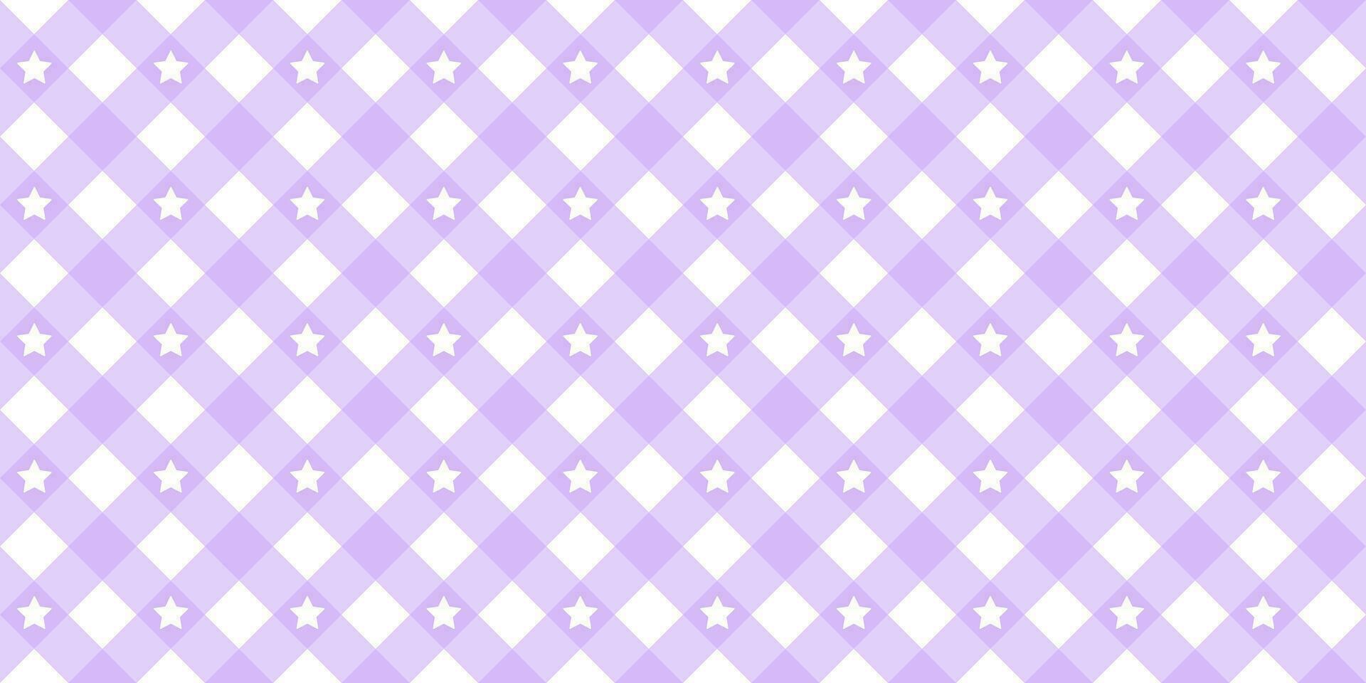 Gingham star diagonal seamless pattern in purple pastel color. Vichy plaid design for Easter holiday textile decorative. Vector checkered pattern for fabric - blanket, tablecloth, dress, napkin.