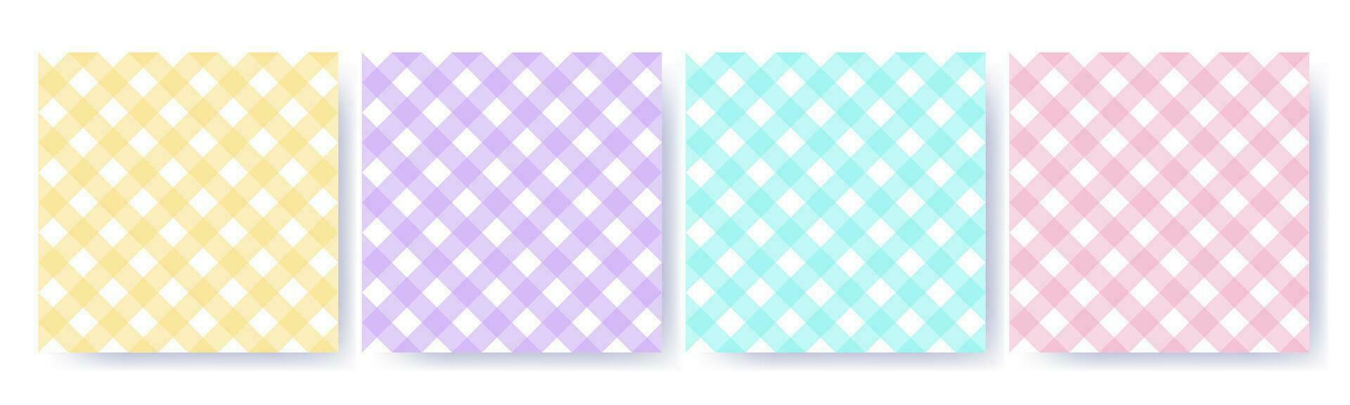 Gingham diagonal seamless pattern set in pastel colors. Vichy plaid design for Easter holiday textile decorative. Vector checkered pattern for fabric - picnic blanket, tablecloth, dress, napkin.