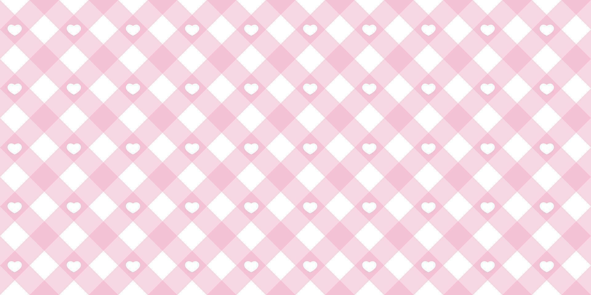 Gingham heart diagonal seamless pattern in pink pastel color. Vichy plaid design for Easter holiday textile decorative. Vector checkered pattern for fabric - picnic blanket, tablecloth, dress, napkin.