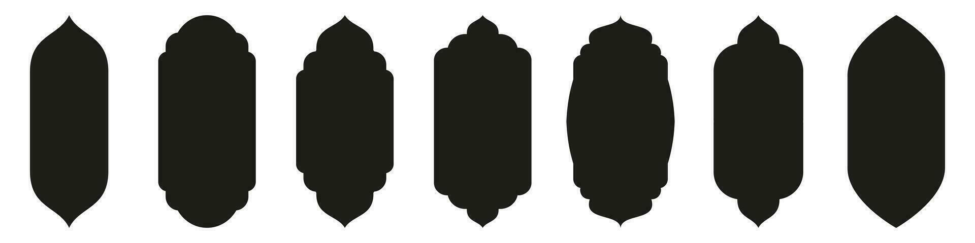Shape Islamic door and window silhouette Arabic arch. Collection of patterns in oriental style. Frames in Arabic Muslim design for Ramadan Kareem. Vector mosque gate shape isolated on white