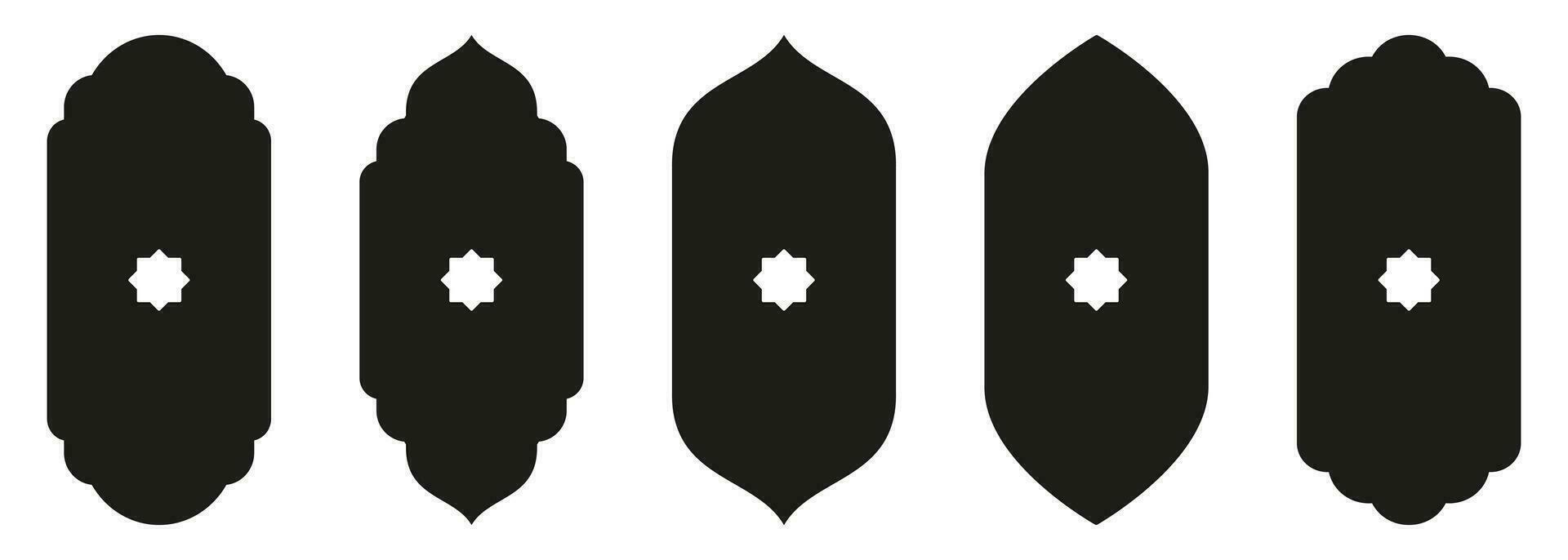 Shape Islamic door and window silhouette Arabic arch with symbols . Collection of patterns in oriental style. Frames in Arabic Muslim design for Ramadan Kareem. Vector mosque gate isolated on white.
