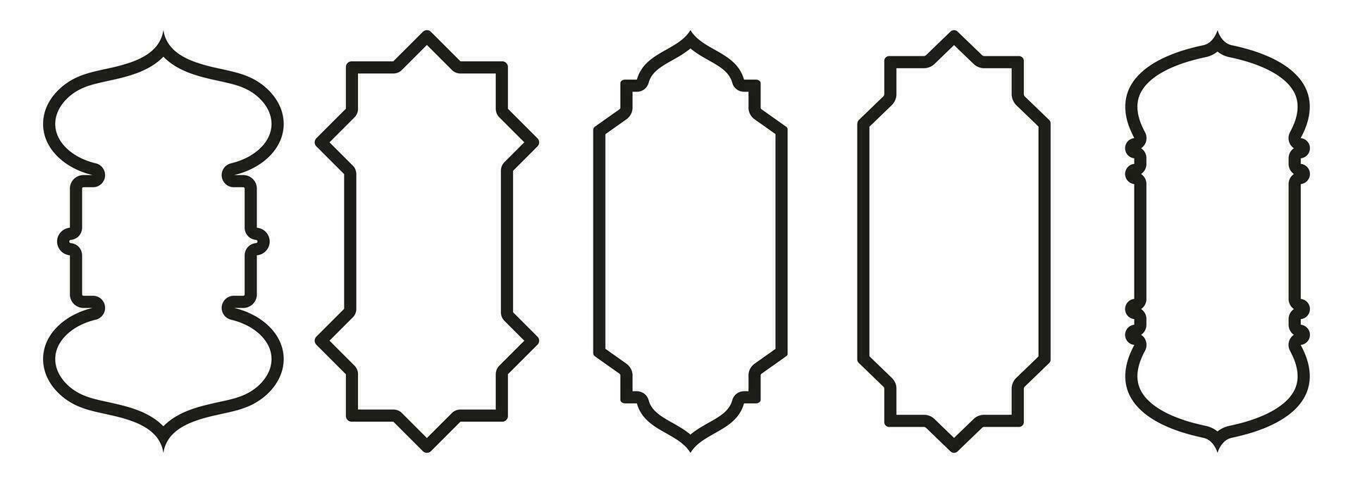 Shape Islamic door and window silhouette Arabic arch. Collection of patterns in oriental style. Frames in Arabic Muslim design for Ramadan Kareem. Vector mosque gate stroke isolated on white