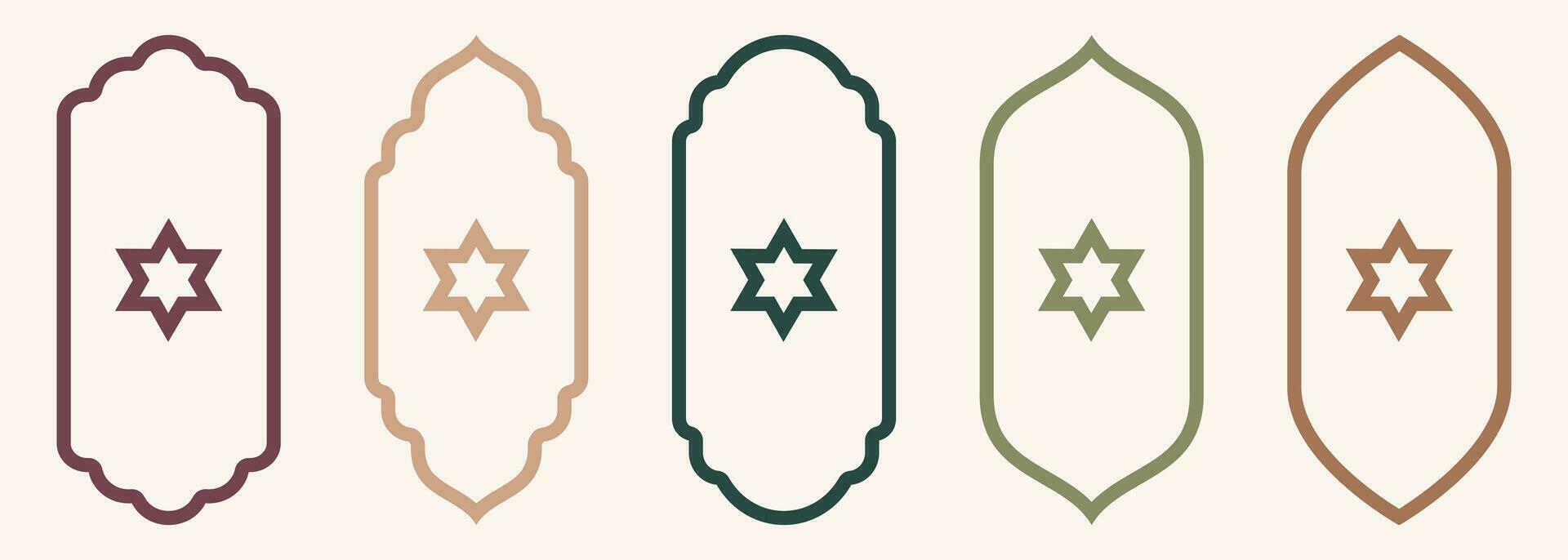 Shape Islamic door and window silhouette Arabic arch with symbols . Collection of patterns in oriental style. Frames in Arabic Muslim for Ramadan Kareem. Vector mosque gate stroke isolated on white.