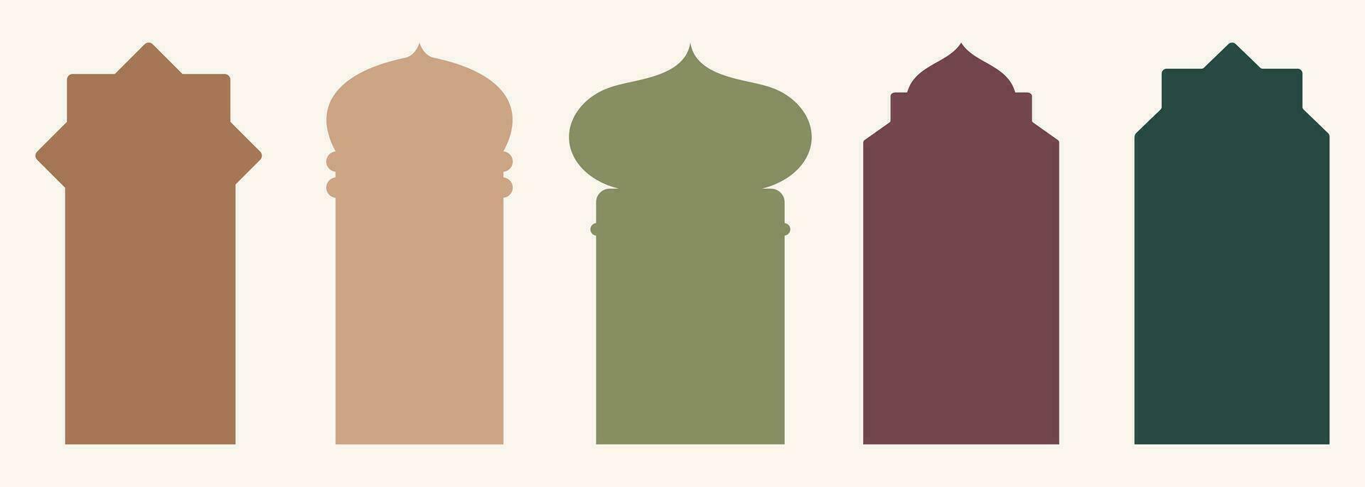 Shape Islamic door and window silhouette Arabic arch. Collection of patterns in oriental style. Frames in Arabic Muslim design for Ramadan Kareem. Vector mosque gate shape isolated on white