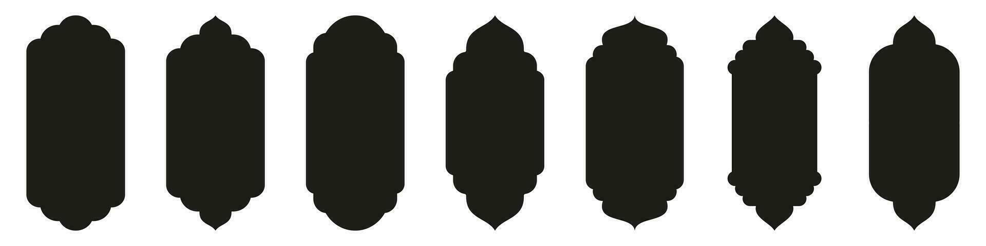 Shape Islamic door and window silhouette Arabic arch. Collection of patterns in oriental style. Frames in Arabic Muslim design for Ramadan Kareem. Vector mosque gate shape isolated on white
