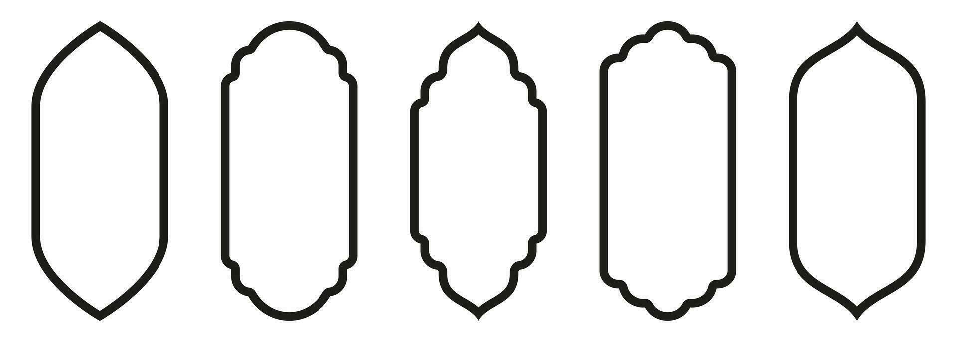 Shape Islamic door and window silhouette Arabic arch with symbols . Collection of patterns in oriental style. Frames in Arabic Muslim for Ramadan Kareem. Vector mosque gate stroke isolated on white.