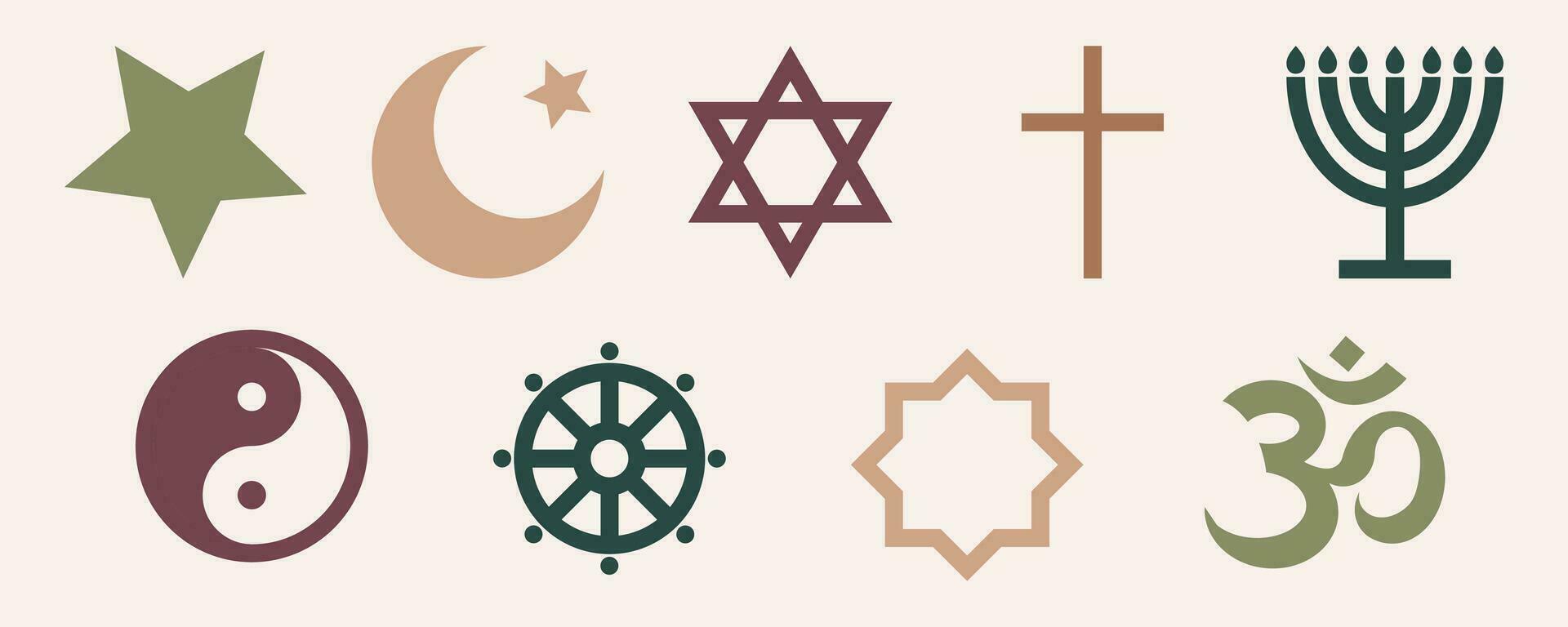 World religious symbol set elements. Collection of shape silhouette - islam, judaism, buddhism, christian, taoism, menorah. Vector flat illustration isolated on white background.