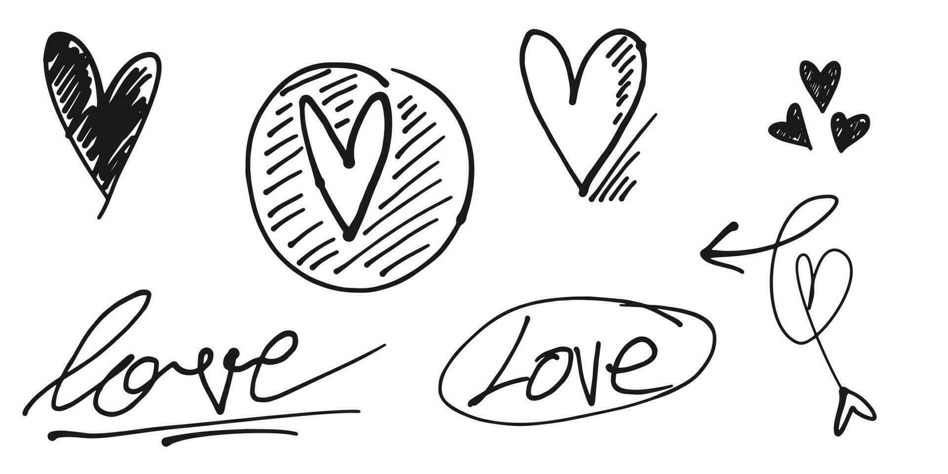 Doodle hearts on set. hand drawn style. love symbol. isolated on white background. vector illustration