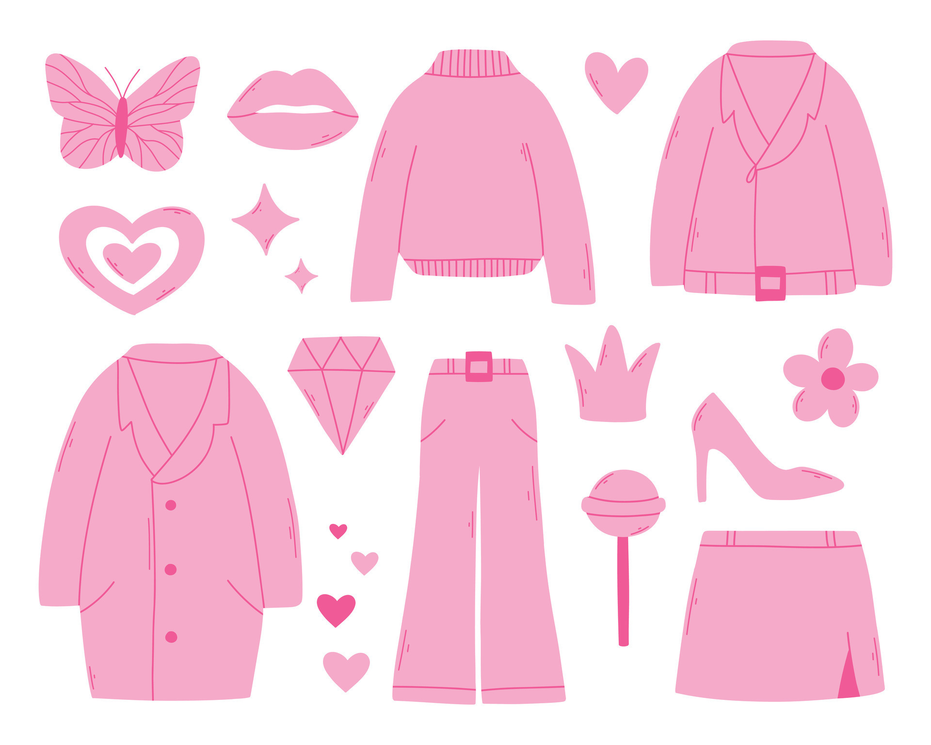Barbiecore set. Pink trendy set, pink doll aesthetic accessories and  clothing. Vector illustration 28621057 Vector Art at Vecteezy