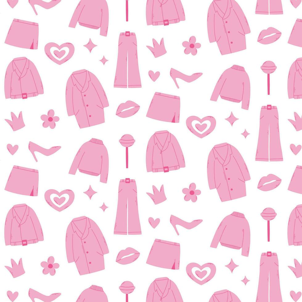 Seamless pattern barbicore. Vector illustration. Pink print with clothes. shoes.