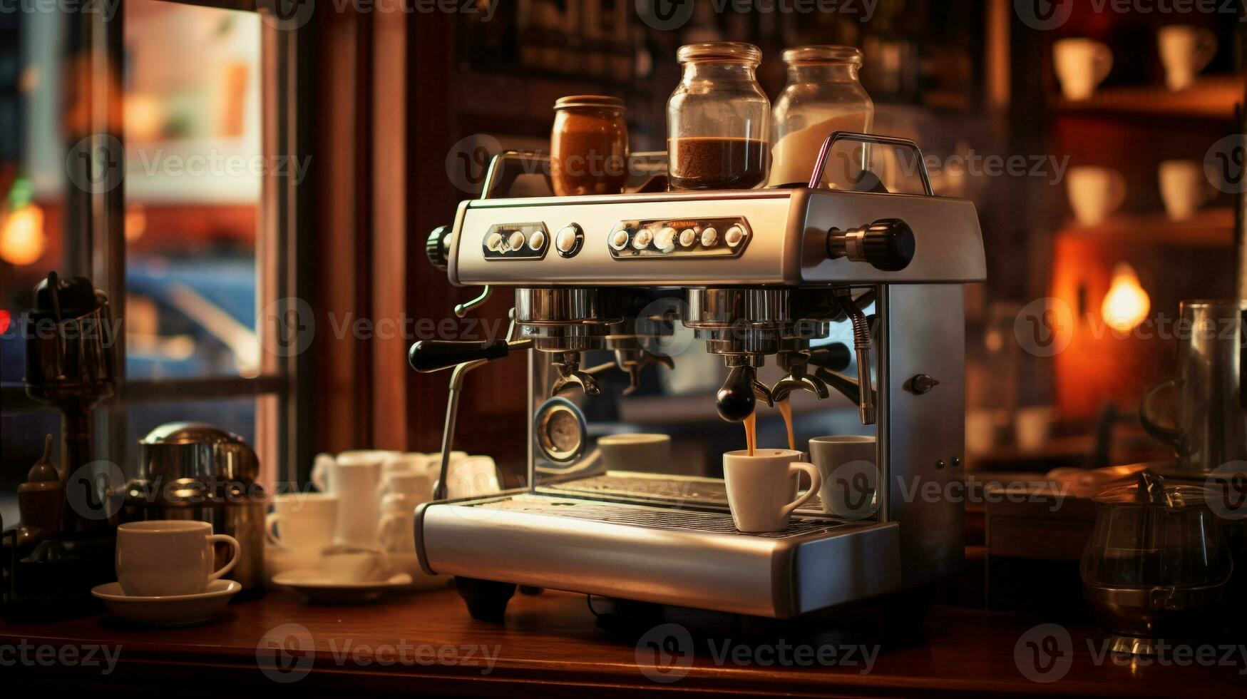 photo of coffee maker machine on barista table in cozy caffe