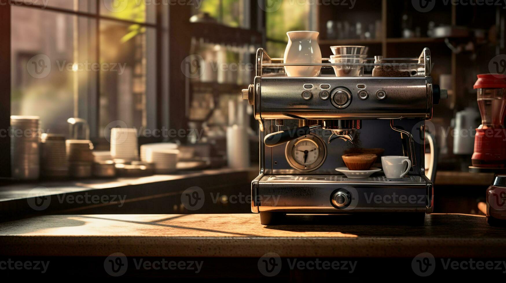 photo of coffee maker machine on barista table in cozy caffe